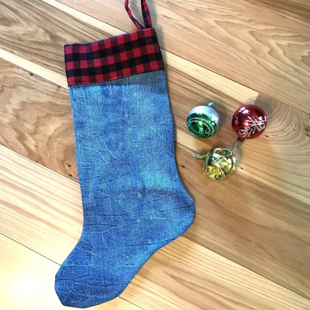 Denim Christmas Stocking, Lake House Fishing Decor Pontoon Boat Snowman